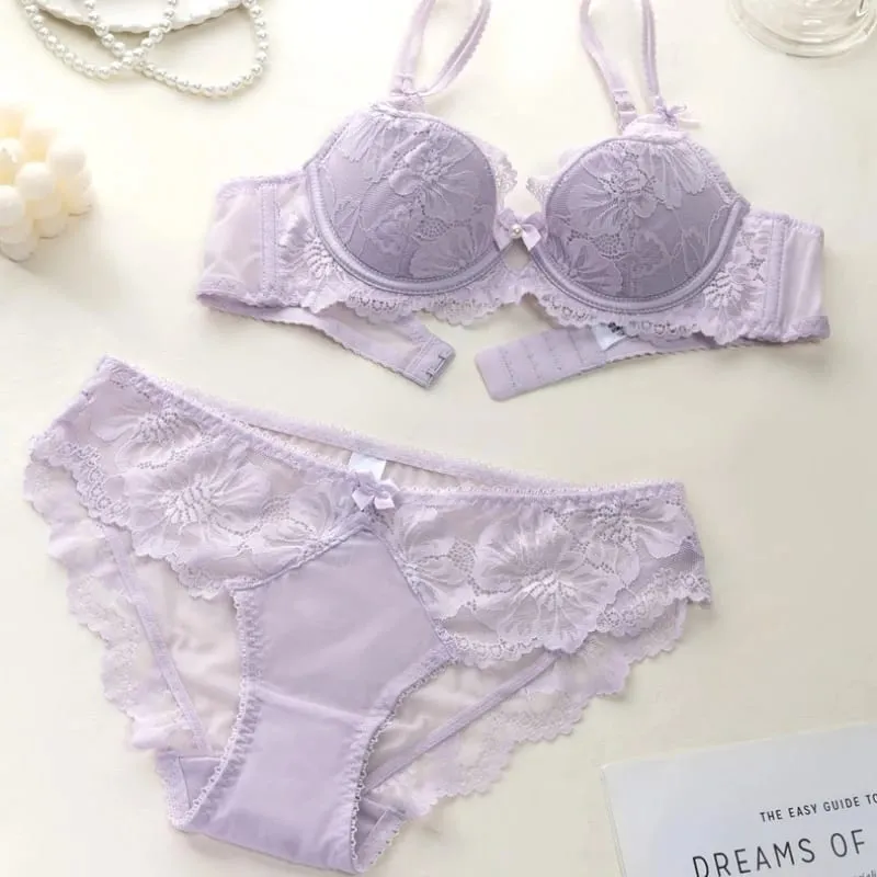 French Thin Cup Women Underwear Set Sexy Lace Flowers Embroidery Bra Summer Violet Comfort Push Up Bra and Panties Lingerie Sets