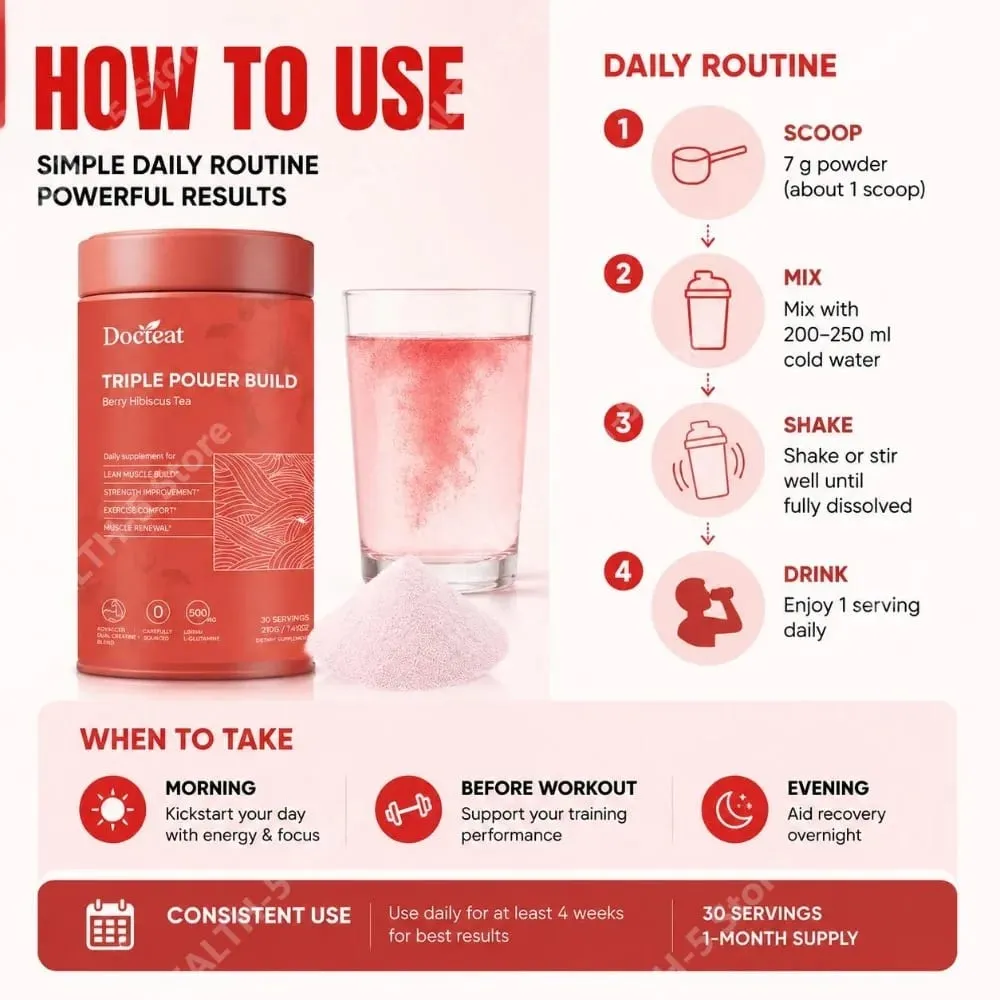 Docteat Berry Hibiscus Tea Creatine Powder with Creatine HCL and L-Glutamine Supports Hydration and Electrolytes 30 Servings