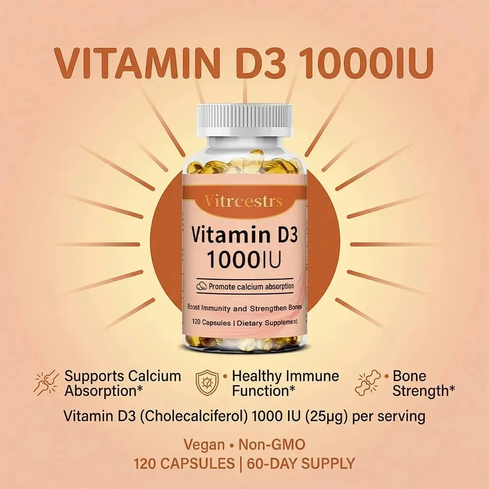 Vitamin D3 1000iu for Immune Support Healthy Muscle Function and Bone Health - Non-GMO Gluten Free 120 Vegetable Capsules
