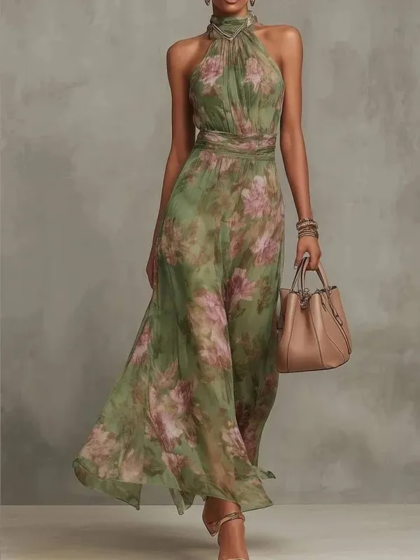 Women Chic Pink Floral Print Maxi Vestido Elegant V Neck Ruffle Trim Flare Sleeve Ruched High Chiffon Dress 2026 Party Outfit