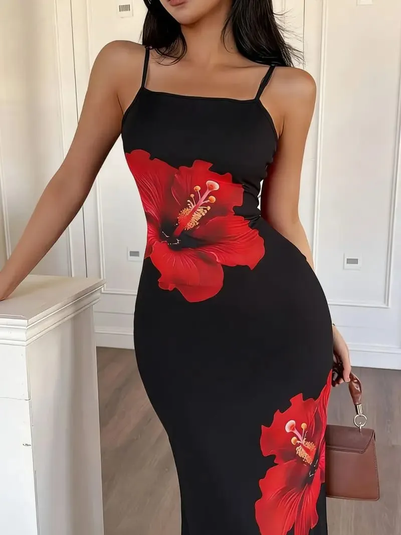Slim Fit Thin Strap Camisole Long Dress Waist Cinching Slimming Temperament Hip Hugging Gown for Women