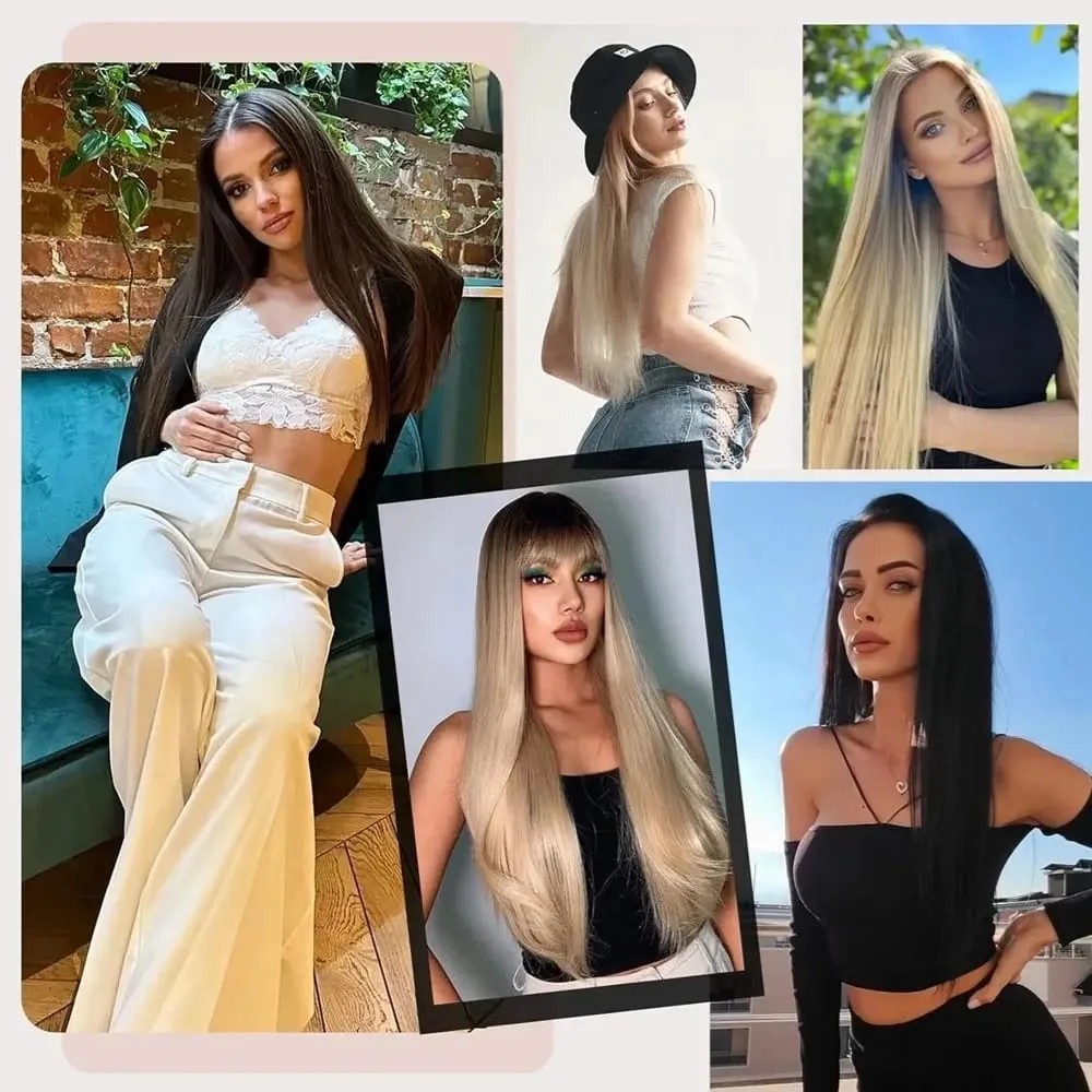 24 Inches Long Synthetic Hairpieces for Women 6Pcs Medium Brown Blonde Highlights Clip In Natural Thick DIY Styling Fiber Hair