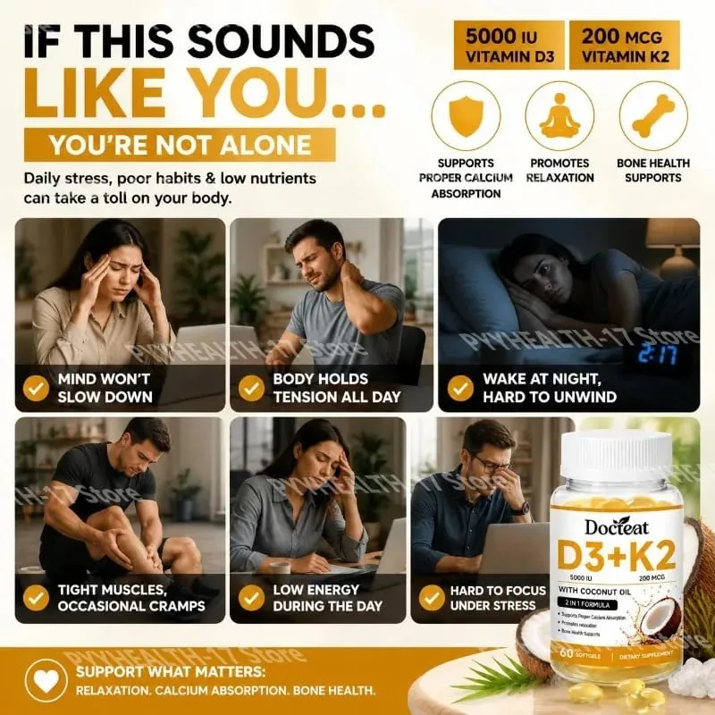 Docteat Vitamin D3+K2 Softgels with Coconut Oil Vitamin D3 Vitamin K2 Calcium Absorption Bone Health for Men Women 60 Softgels