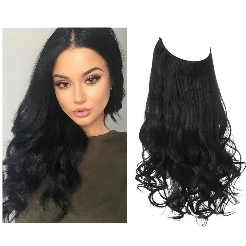 Sintético sem clipes na extensão do cabelo natural ombre preto loiro rosa uma peça onda longa fio invisível falso pedaço de cabelo