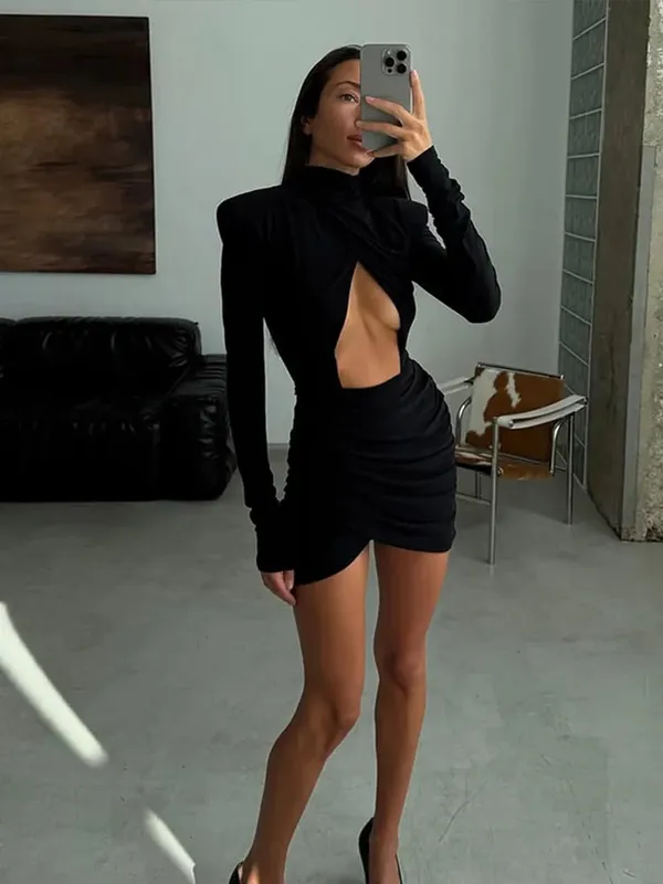Solid Single-breasted A-lijn Mini-jurk 2026 Elegante vrouwen V-kraag Volledige mouw Hoge Taille Vestidos Lady Pendelen Straat jassen