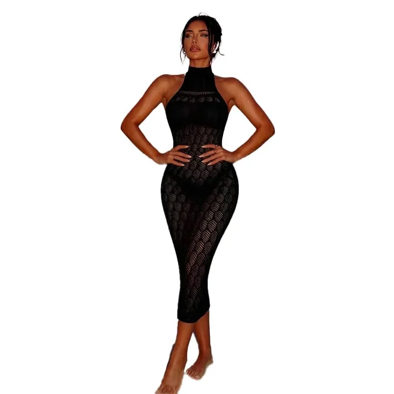 Women Bodycon Dress Without Underwear Hollow Out Beachwear Sheer Mesh Fishnet See Through Music festival Swimsuit