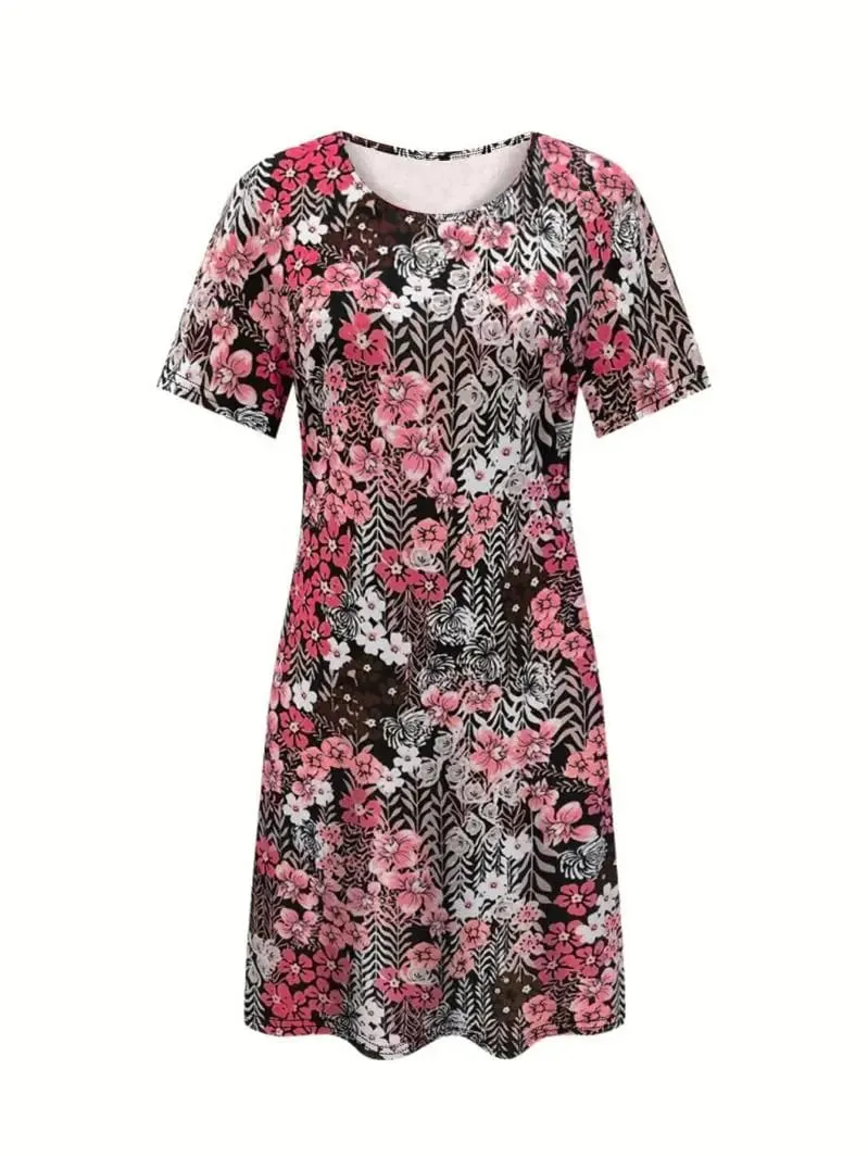 Fashionable Floral Dress Temperament round Neck Short Sleeve Loose Fit Women's Casual Dresses