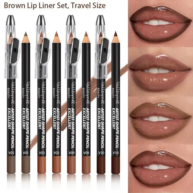 4 Piece Brown Shades Lip Liner Set Matte Waterproof Compatible with Various Lip Glosses and Lipsticks Portable Bag Size