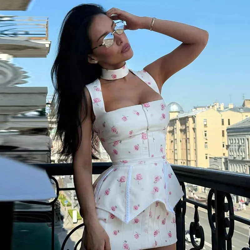 Holiday Sleeveless Square Collar Dress Women Print Sleeveless Waistband Party Short Dresses Female 2026 Fashion Summer Robe