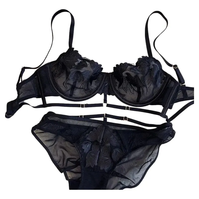 Sexy Lace Women Bra Push Up Underwear Brassiere and Panties Set Female Comfortable Lightweight Bow Semi Transparent Lingerie