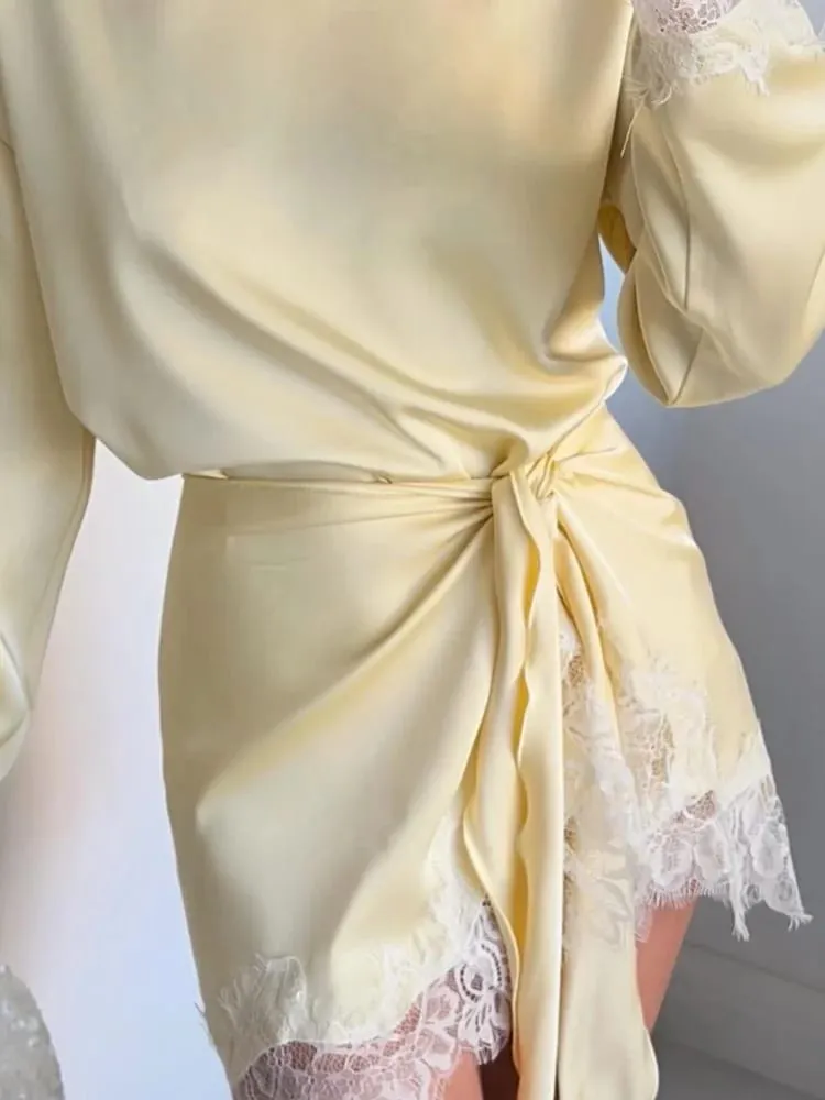 Elegant Women's Dress O-neck Full Sleeve Loose Solid Lace Hem Female Short Dresses 2026 Spring Summer New Sexy Fashion Lady Robe