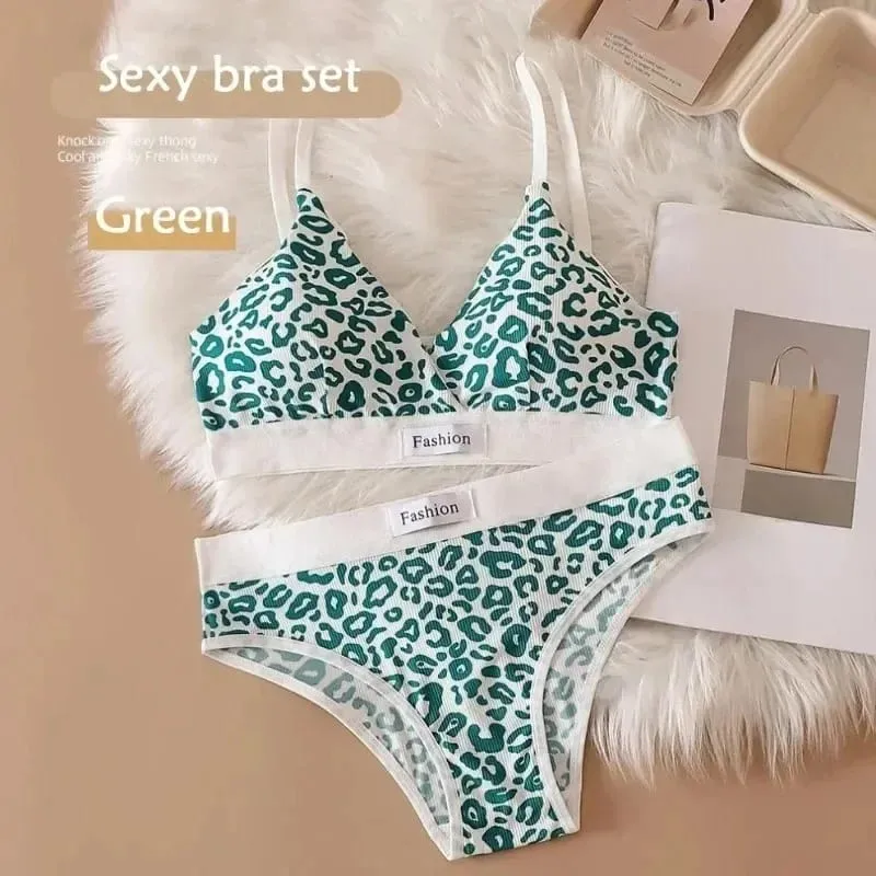 Women Seamless Bra Set Sexy Lingerie Low Waist Panties Leopard Bralette Set Vneck Sport Brassiere Female Cotton Underwear