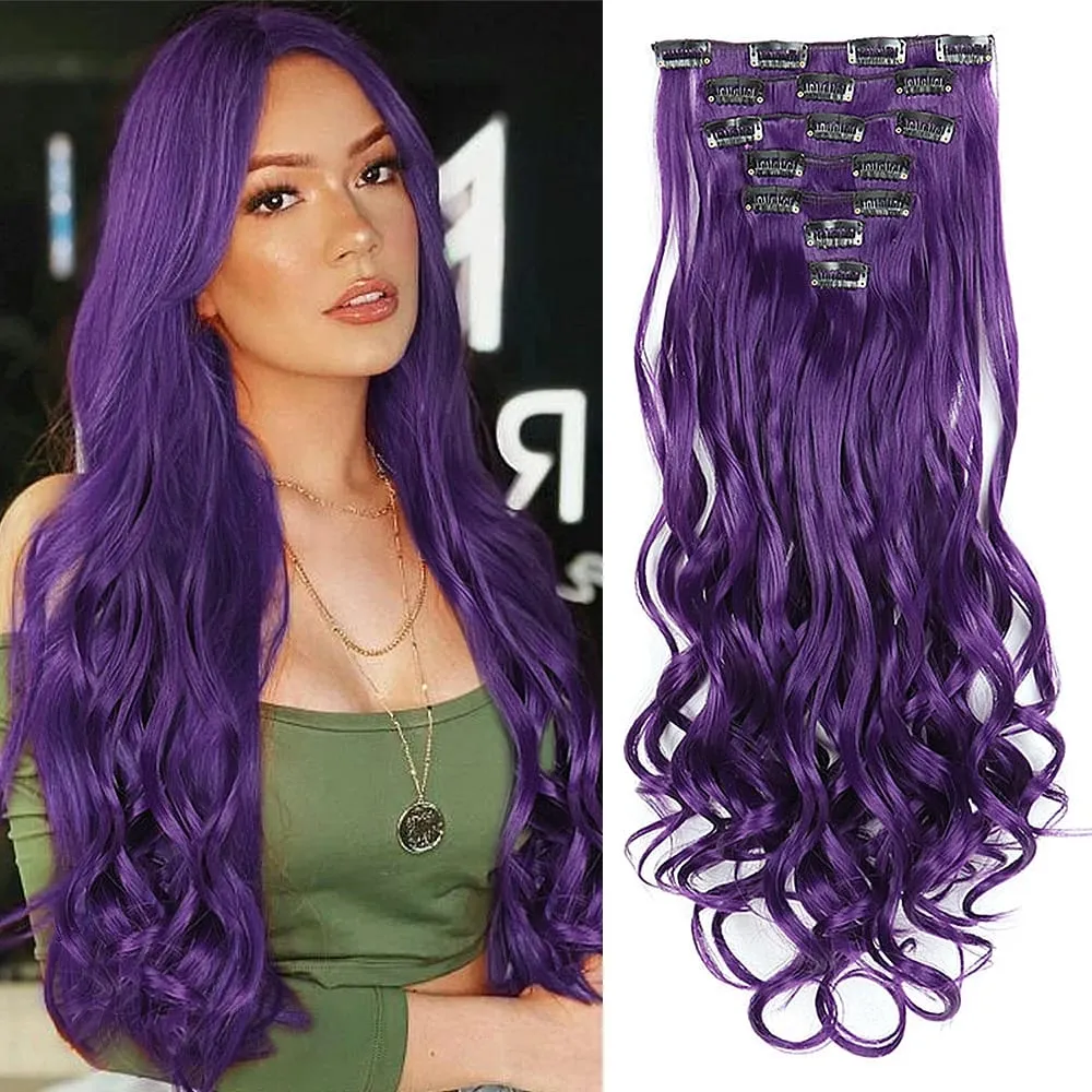 Synthetic Clip in Hair Extensions Purple hairpieces 7pcs/set 22inch Thick Hair for Women Girls Daily Party Cosplay