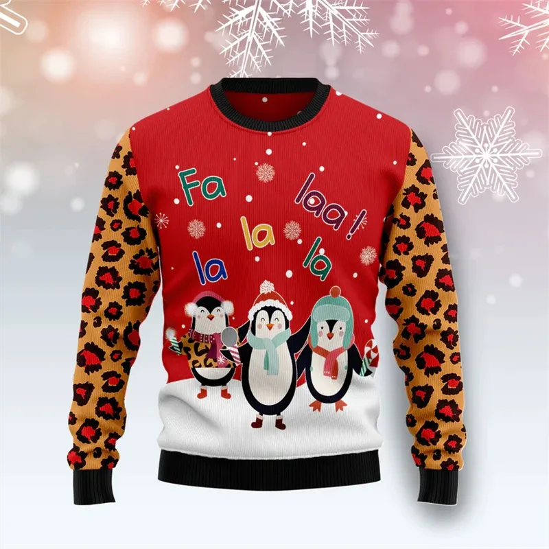 Funny Penguin Graphic Ugly Christmas Sweater For Men Fashion Autumn Holiday Wear 3D Printed Sweatshirts Loose Breathable Tops