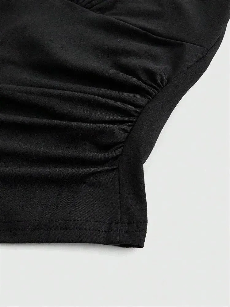Solid V-hals Rygløs Halter Crop Top til Kvinder Sommer Sexet Y2K ærmeløs Ruched Top Streetwear