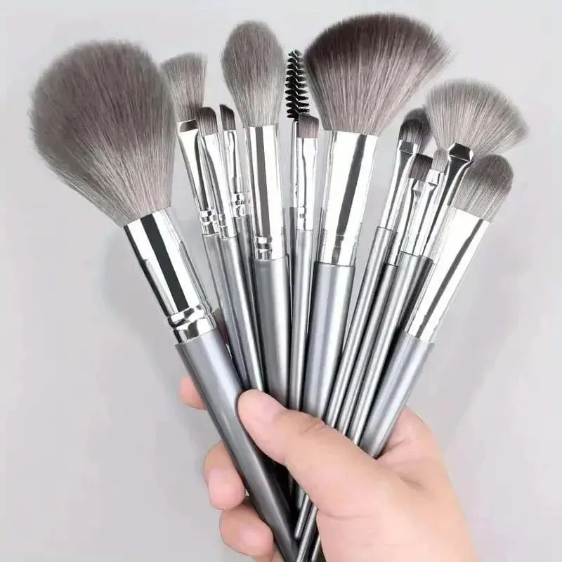 14-Piece Silver Professional Makeup Brush Set | Includes 2 Plush Velvet Puffs + 2 Blending Sponges | Vegan Cruelty-Free Brush Co