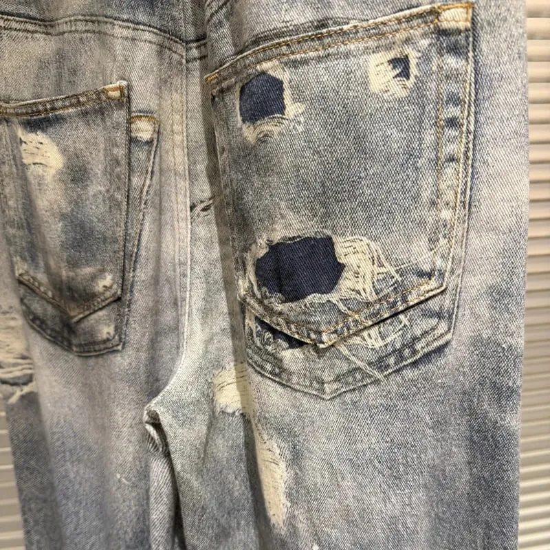 Trend Fashion Street Style Fake Two Piece Double Waist 3D Printed Digital Printed Ripped Baggy Protocol Index Jeans