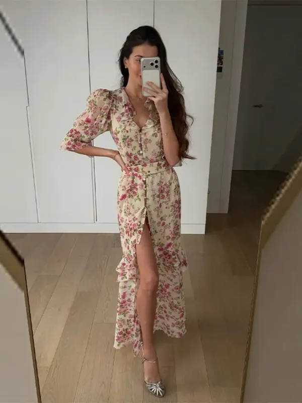 Pink Floral Print Maxi Dress V-neck Ruffle Trim Flare Women Sleeve Ruched High Slit Chiffon Dresses Elegant Evening Party Robe