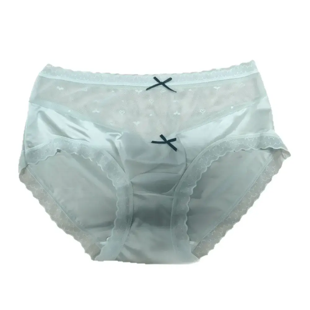 Men Satin Lace Brief Underwear Sweet Bow Decoration Sheer Mesh Waistband Scalloped Lace Trim Soft Smooth Fabric Sexy Male Briefs