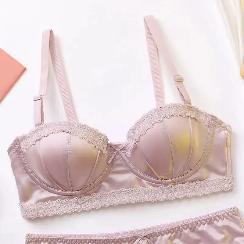 Luxury French Minimizer Bra Satin Lace Thin Cup Soft Underwire Uplift Centering Anti-Sagging Solid Comfort Support Elegant Women