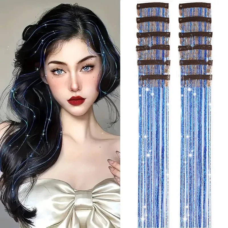 12 Pcs Colorful Clip in Hair Tinsel Extensions Fairy Glitter Hair Accessories synthetic 20‘’ Party Kit for Women Girls Kids