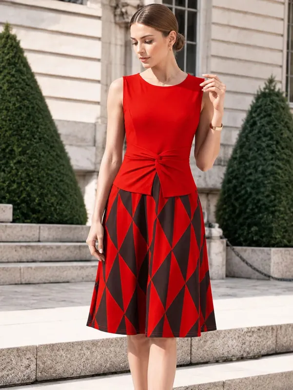 Womens Summer Twist Crew Neck Sleeveless Peplum Polka Dot Patchwork Casual Elegant Fit And Flare Party ALine Swing Dress