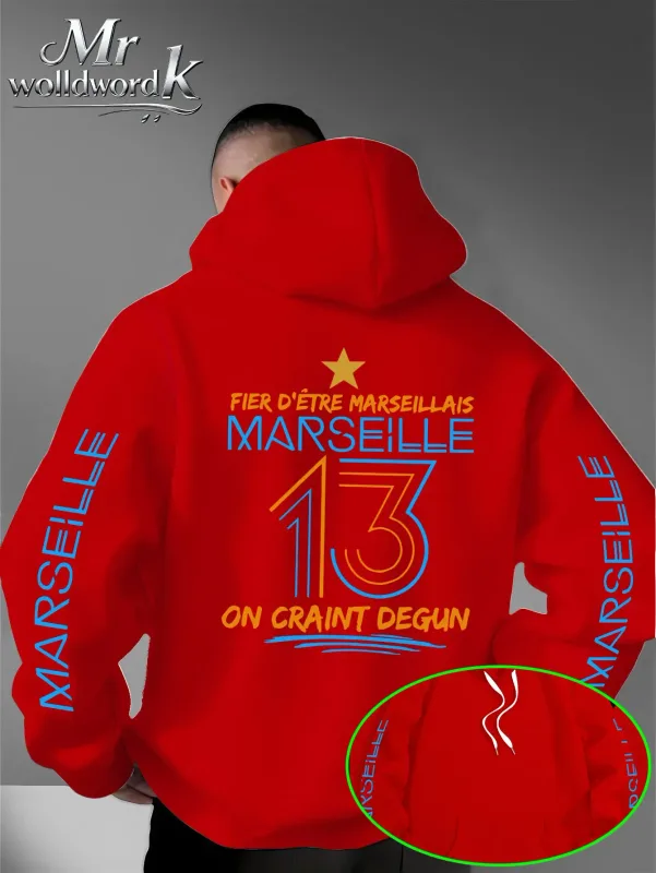Men Marseille 13 City Graphic Hoodie Multi‑Print Sleeve Back Letter Hooded Sweatshirt Autumn Winter Fleece Loose Hoodie