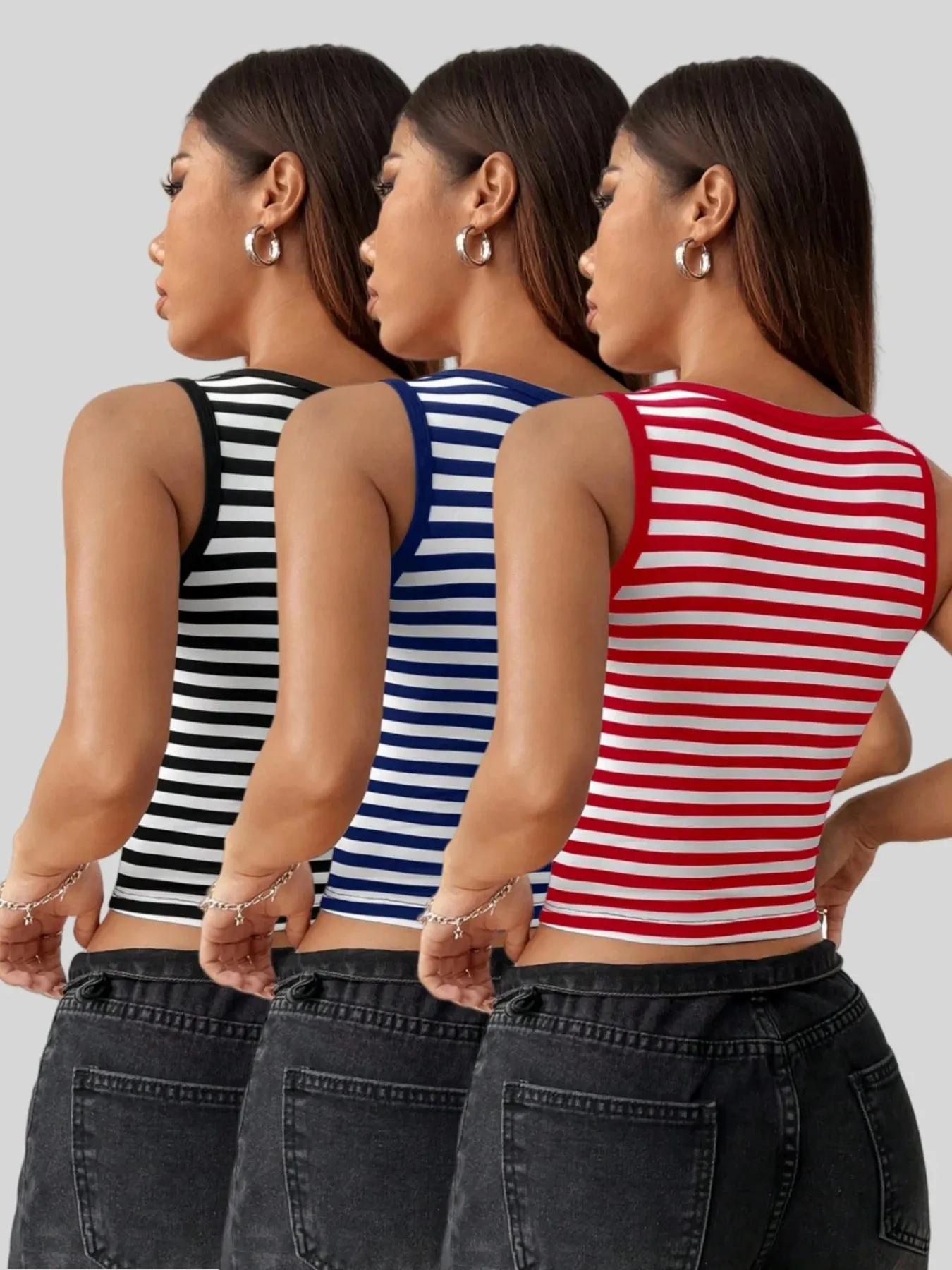 3 Pack Women Multi Color Stripe Print U Neck Wide Strap Cropped Cami Tank Top Slim Fit Striped Sleeveless Vest For Denim Matchin
