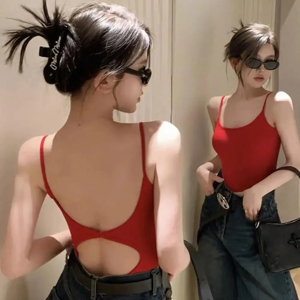 HOT Spicy Girl Open-Back Tank Top Skinny Bodysuits For Women Sleeveless Backless Bodycon Thin Straps Women Trendy Red Vest 2025
