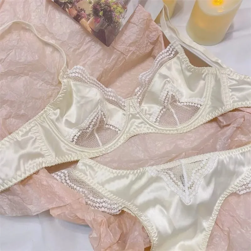 Ladies Satin Lace Underwire Bra 32-38AB Ultra Thin Minimizer Bra Side Support Anti Sag Gather Breast French Lingerie