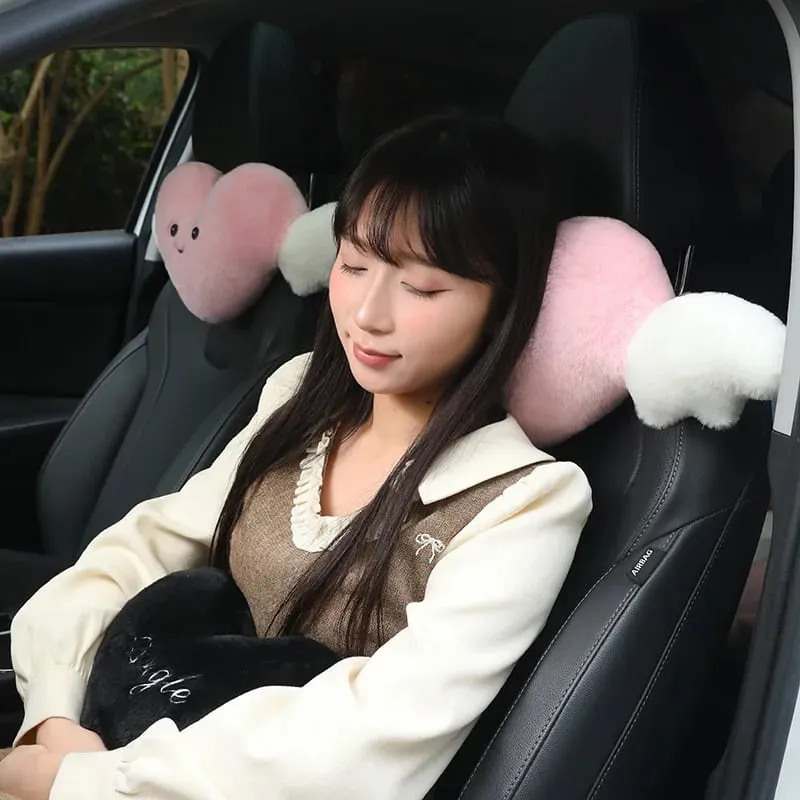 28x58cm 2Pcs Cute Heart‑Shaped Car Headrest Pillow With Angel Wings Soft Plush Auto Neck Support Cushion Car Seat Head Pillow