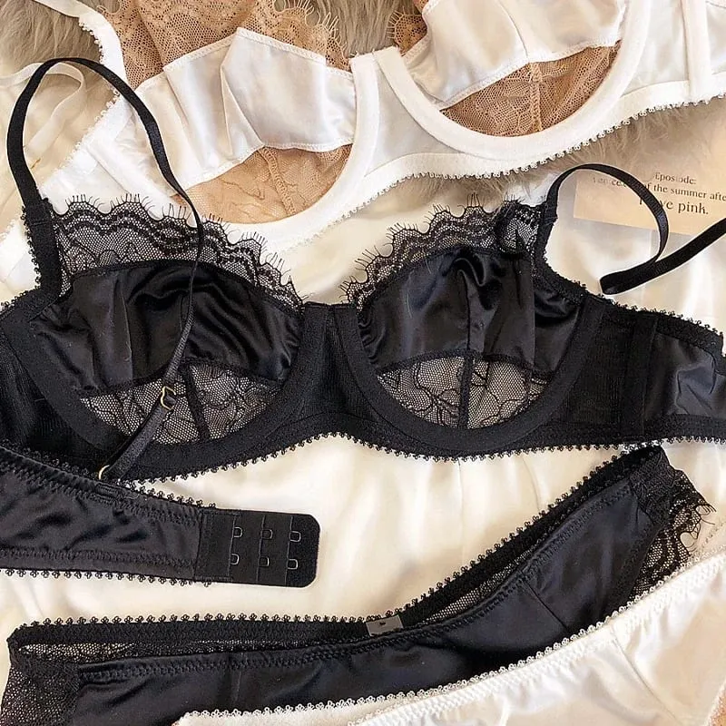 2 Keping Set Bra Renda Ultra Nipis Seksi Wanita Warna Splicing Pakaian Dalam Sutera Perancis Bernafas dan Seluar Dalam Pakaian Dalam Intim