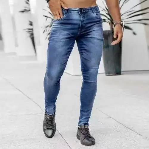Men High Waist Skinny Jeans Stretch Pencil Pants Solid Color Ins Trendy Street Slim Fit Denim Trousers Male Casual Pants