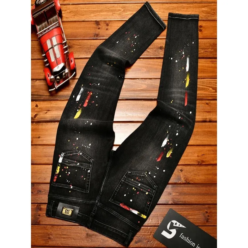 High-End Vintage Ripped Jeans for Men Slim Fit Trendy Paint Print 2025 Autumn and winter casual trendy long pants