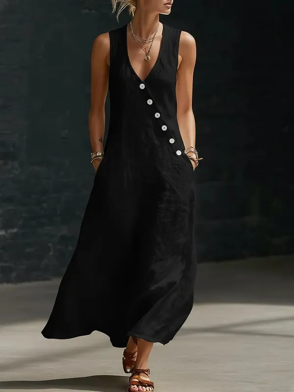 2026 Casual Sleeveless Loose Maxi Dress Women Summer Fashion Solid Color V-neck Holliday Elegant Long Dresses