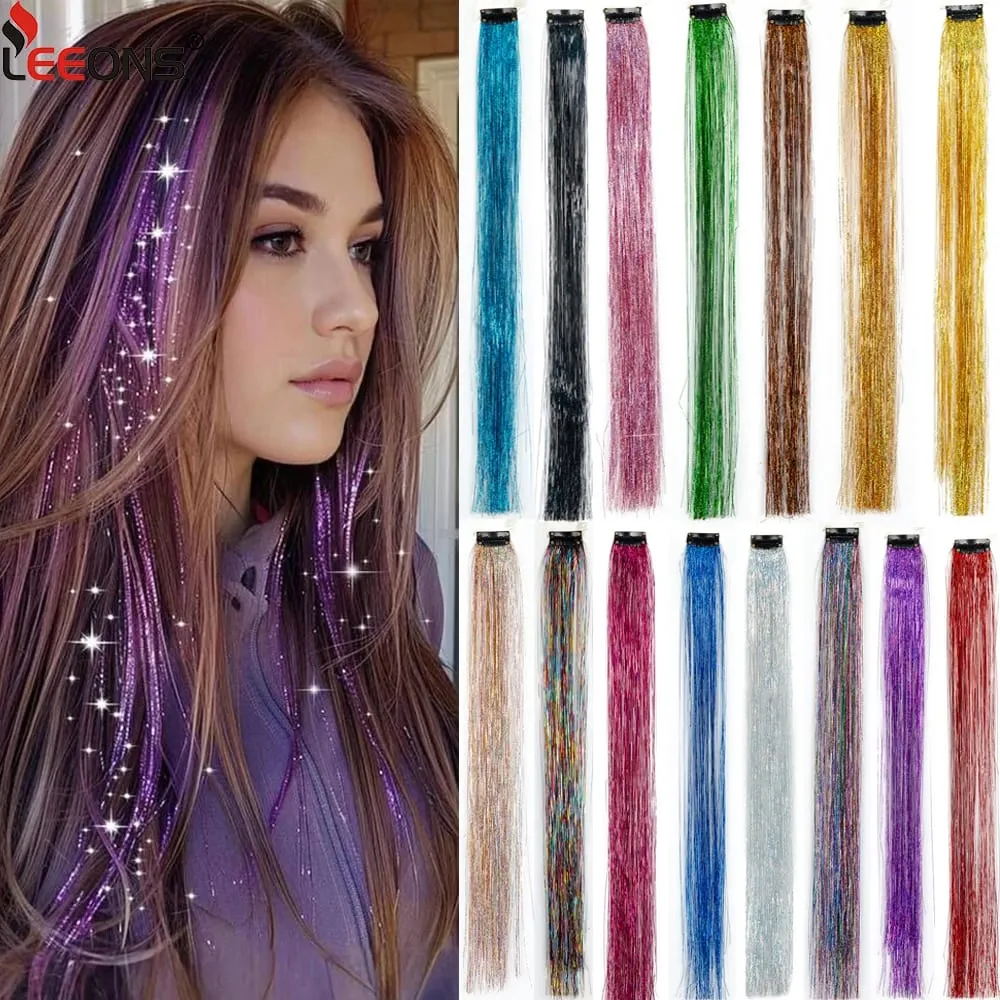 Straight Rainbow Colored Party Highlights Clip On In Hair Extensions Bling Hair Piece Synthetic Hairpieces Sparkling Tinsel Red