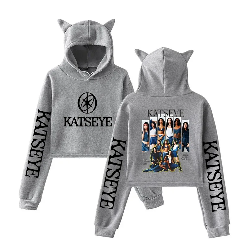 Harajuku Fashion Streetwear Girls Hoodie KATSEYE New Street Style Cat Ear Crop Tops Pullover Girl Vintage Gothic Y2k Sweatshirts