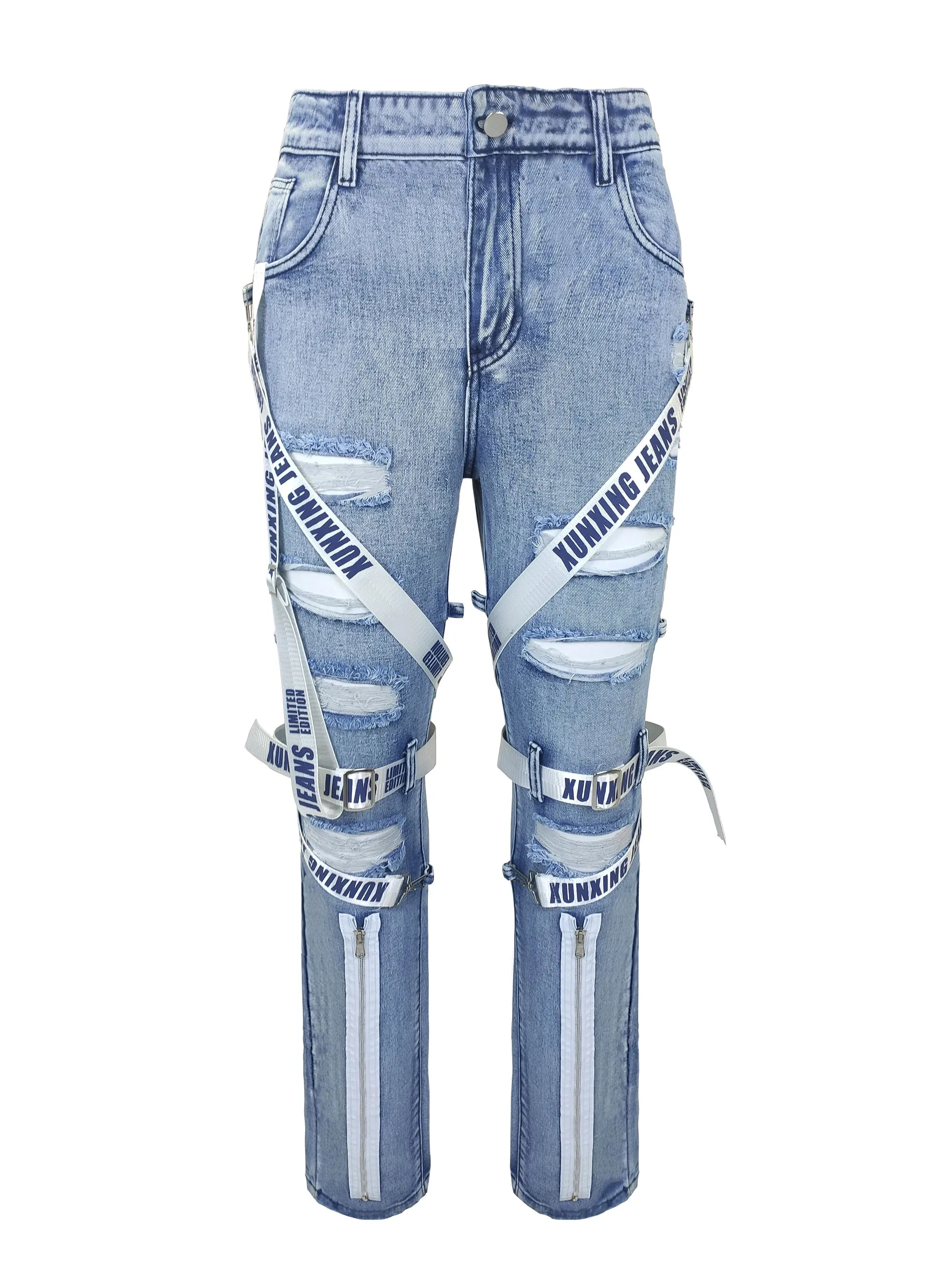 Men's jeans slim fit motorcycle straps blue denim trousers washed blue cut holes multi-craft hip-hop streetwear daily men Pants