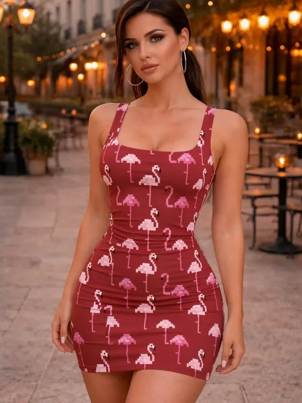 Damska dopasowana mini sukienka z kwadratowym dekoltem, bez rękawów, slim fit, ulica handlowa, randka, na co dzień, elegancki strój na plażę, Street Fit