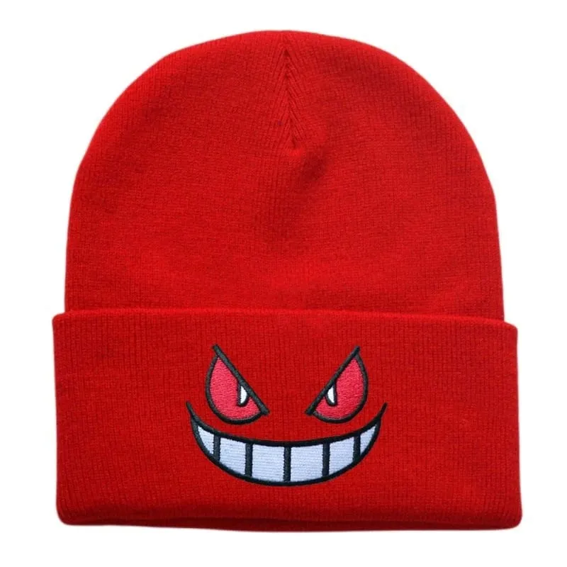 Pokemon Gengar Kartun Bordir Beanies Rajutan Skullies Musim Gugur Musim Dingin Topi Wol Hangat Gengar Wanita Pria Beanies