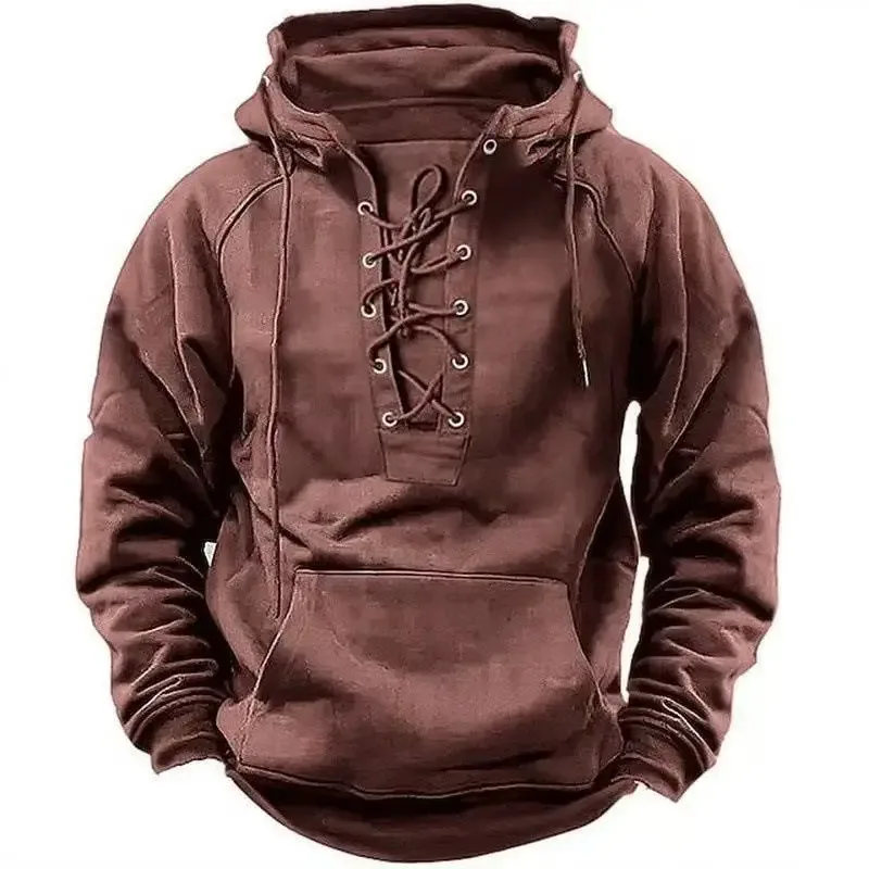 Autumn Fashion Mens Hooded Sweatshirts Lace-up Drawstring Long Sleeve Loose Hoodies Men Streetwear Vintage Solid Color Hoodies