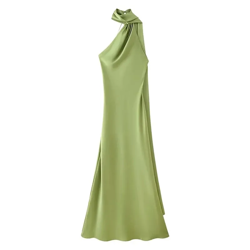 High Street Women Sexy Elegant Halter Long Dress Pambabae Fashion Backless Green Satin Party Maxi Vestidos
