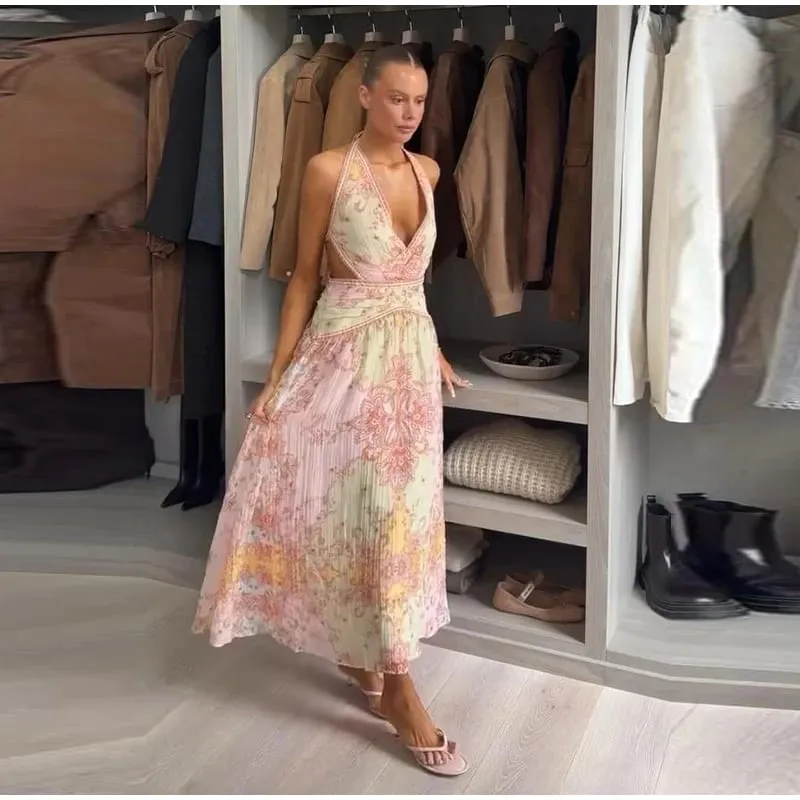 Cetak Bunga Potongan Leher Halter Gaun Maxi Berperingkat Ruffle Tanpa Lengan 2026 Musim Panas Wanita Pakaian Percutian Fesyen Boho Wanita Vestido