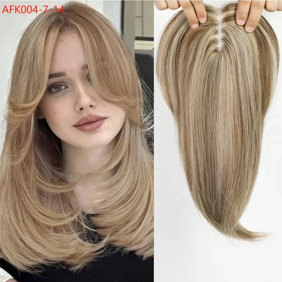 14 Inches Chestnut Brown With Blonde Layered Hair Topper with Bangs for Women Synthetic Swiss Base Hair Pieces Topper with Clips