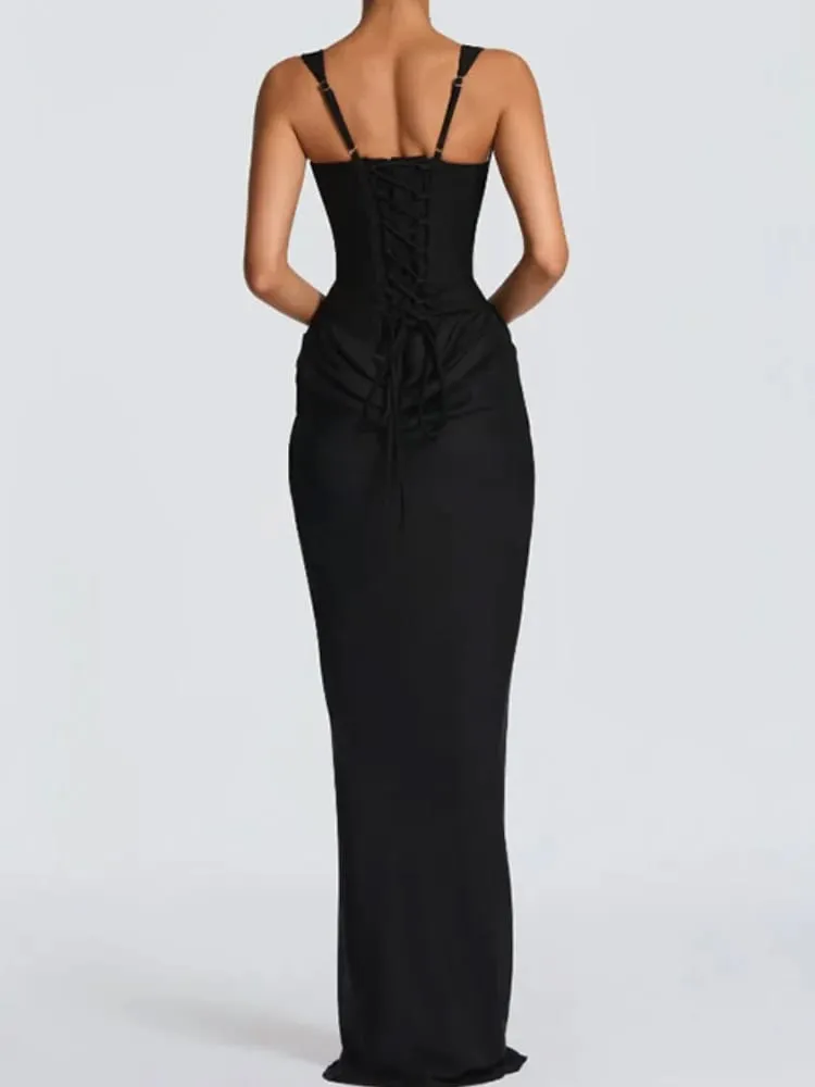 Women Pleated Sleeveless Maxi Dress Summer Solid Slim Fit Square Neck Corset Style Dresses Flady Fashion Evening Party Gowns