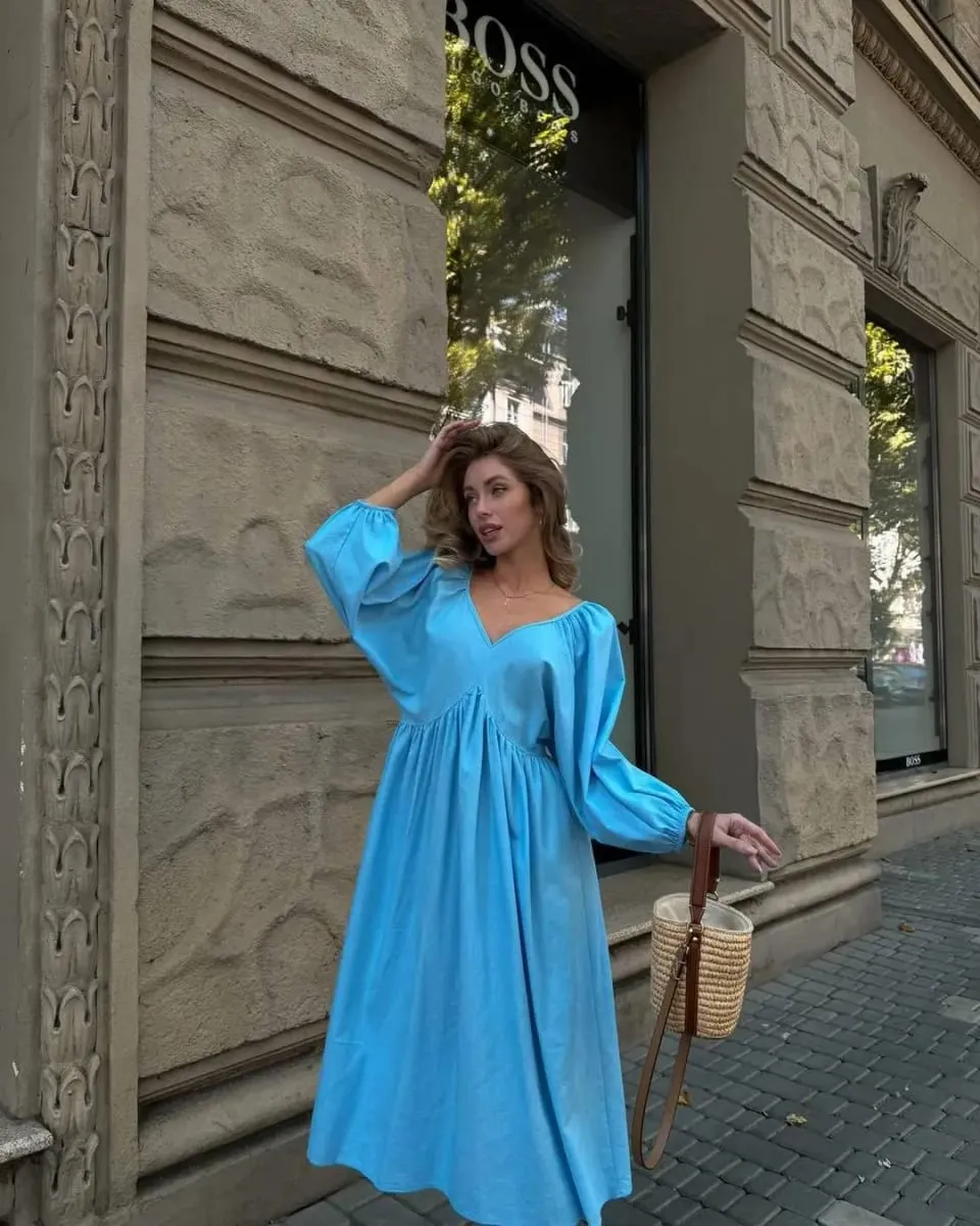 2026Spring Summer V Neck Backless Lace Up Dress Women Lantern Sleeve Loose Casual Long Dresses High Street Fashion Solid Robes