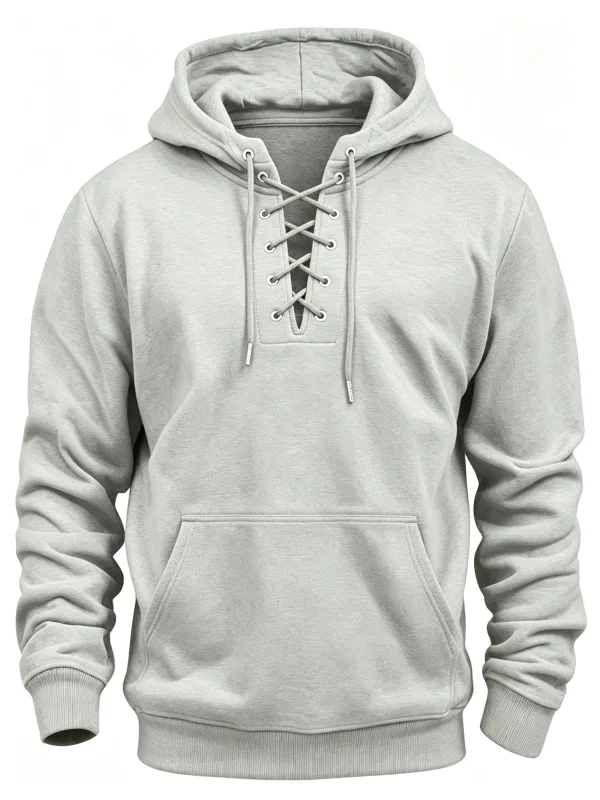 Autumn Fashion Mens Hooded Sweatshirts Lace-up Drawstring Long Sleeve Loose Hoodies Men Streetwear Vintage Solid Color Hoodies