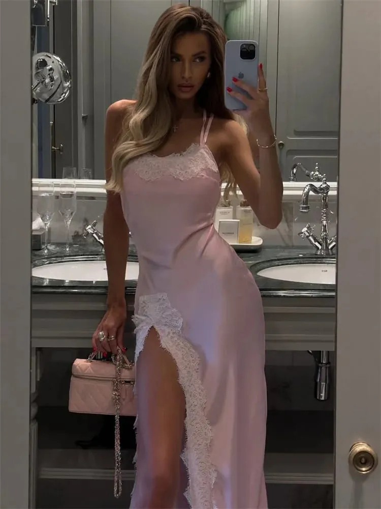 Tossy Lace Elegant Patchwork Long Dress For Women Backless Lace-Up Satin Slim Party Dress Evening Female Bandage Maxi Dress 2025