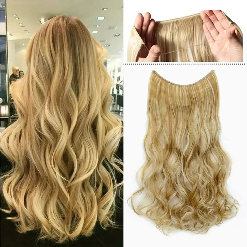 18Inch Synthetic Long Wavy Curly Hair Extension Invisible Fishing Line Soft Multi-Color Hairpiece for Women Daily Use