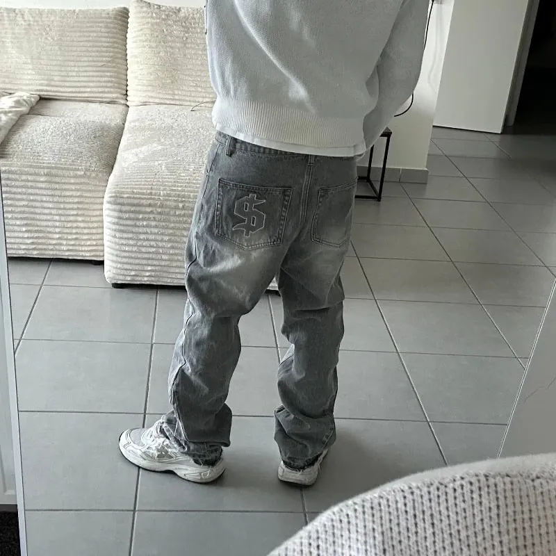 American Retro Y2K Dollar Embroidered Flared Jeans Simple Trendy Loose Wide-Leg Washed Jeans for Men and Women 2025 New